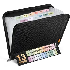 13 Pocket Accordion File Organizer, Zipper Expanding File Folder Organizer, Reinforced Plastic Accordion Folder, A4 Letter Size, Portable Folders for Documents, Black
