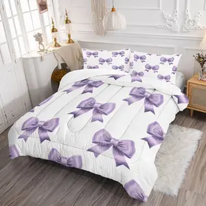 2/3 Piece Set of Purple Bow Printed Comforter Set, Simple and Fashionable Bedding Set, Soft and Breathable Suitable for Girls' Bedroom Decoration, 1 Quilt And 1/2 Pillowcase, Soft Bedding Sets