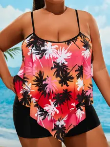 Plus Size Tankini Two-Piece Set, Round Neck Thin Strap Top, High Waist Briefs, Tropical Print Loose Fit, Pool Party Casual Vacation Style