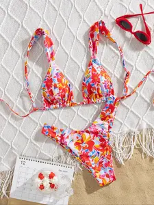 Women's Floral Print Bikini Set, Casual Adjustable Strap Swim Top & Swim Bottom Two-piece Swimsuit for Summer, Fashion Women's Swimwear for Beach Holiday Vacation, Flower Print Bikini