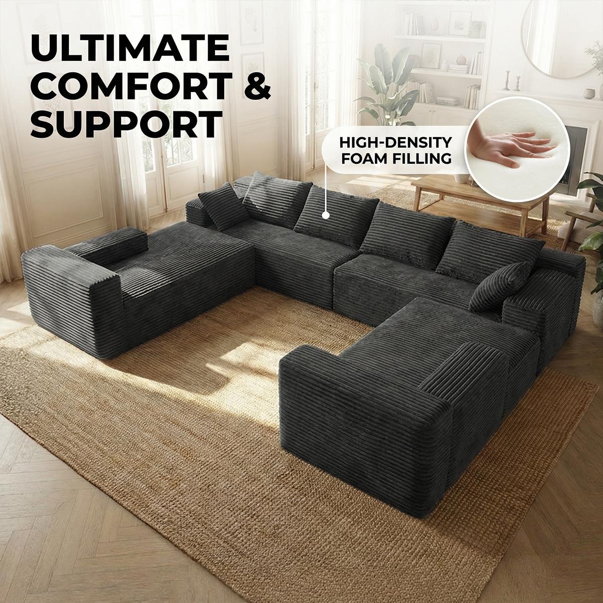 Pre-Assembled U-Shaped Modular Corduroy Sectional Couch - Soft Fabric, Space-Saving Indoor Living Room Furniture, Convertible Sofa Bed with Memory Foam Pillow, Fluffy Black