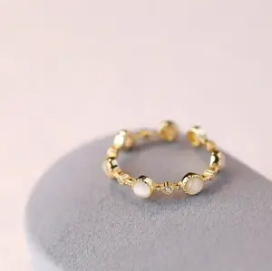 Dainty Adjustable MultiStone Ring, Cats Eye Moonstone Ring with Gold Plated S925 Sterling Silver Band