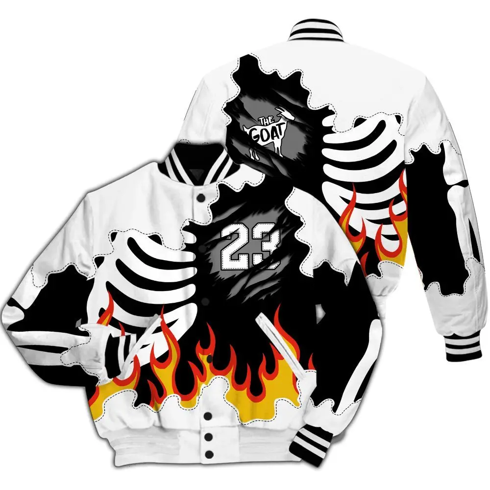 Unisex Spooky Skeleton Varsity Jacket - Flaming Skull Graphic Streetwear Coat for Halloween