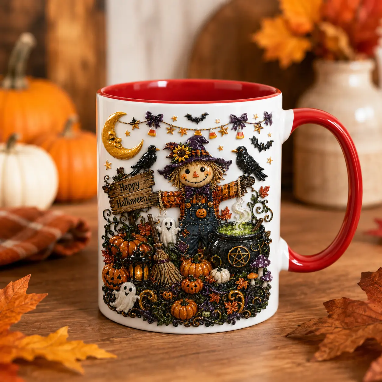 Happy Halloween Scarecrow Mug, Pumpkin Ghost Witch Cauldron Coffee Cup, Cute Spooky Fall Ceramic Mug, Halloween Gift for Women