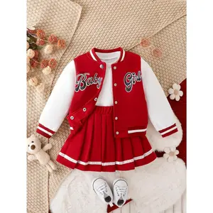 Girls' American Style Patchwork Baseball Jacket and College Style Pleated Skirt Set, Long Sleeve Round with Appliqué Letters, Knee-Length Regular Fit Autumn and Winter, Perfect Outdoor Wear