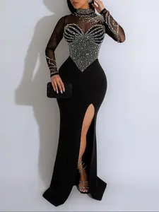 Women's Rhinestone Decor Contrast Mesh Split Thigh Bodycon Dress, Elegant Long Sleeve Stand Collar Evening Party Gown, Ladies Clothes for All Seasons