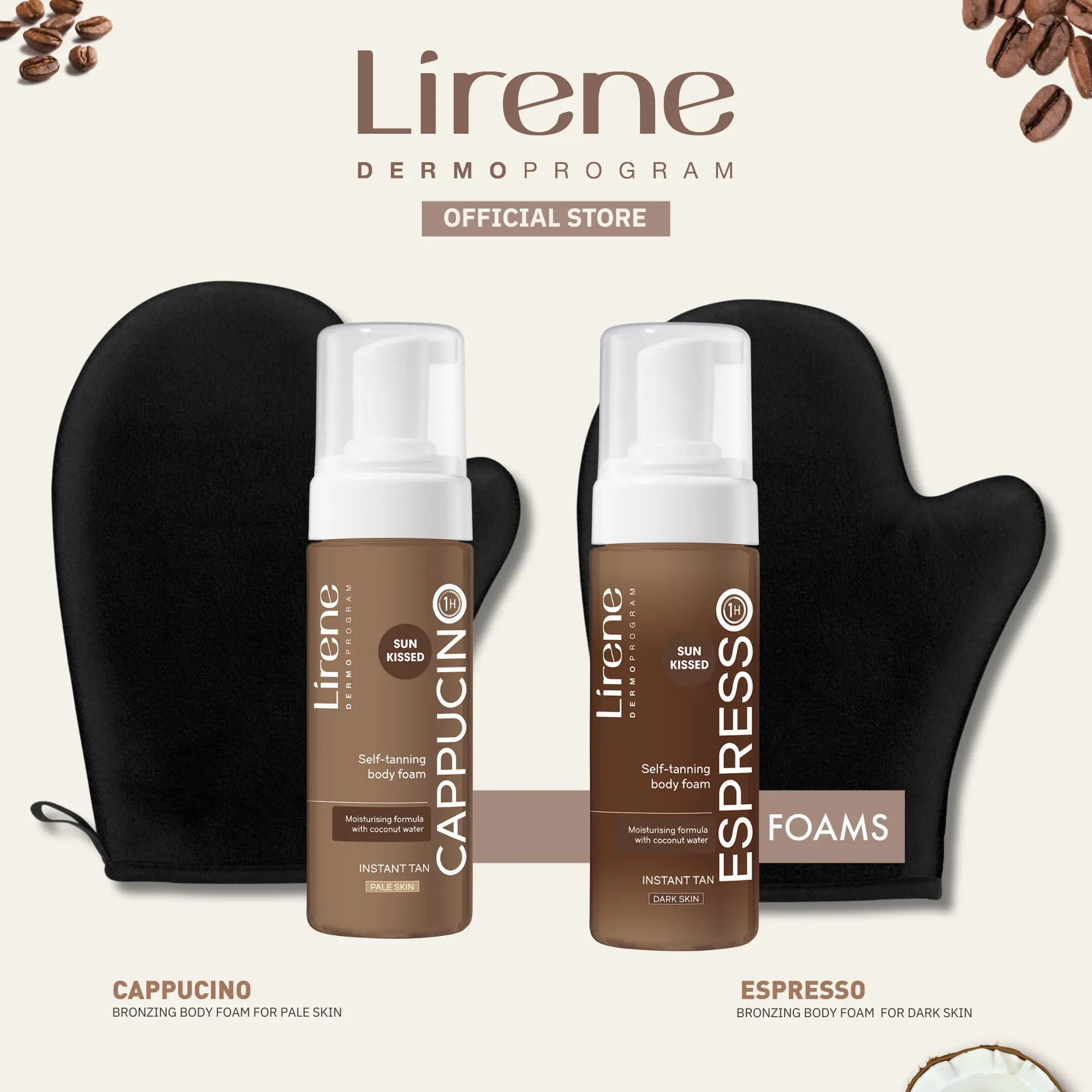 Lirene Self Tanning Foam + Application Mitt Bundle | Choose Espresso or Cappuccino, 1 Hour Express DHA Tan, Streak-Free Bronzing Foam Kit