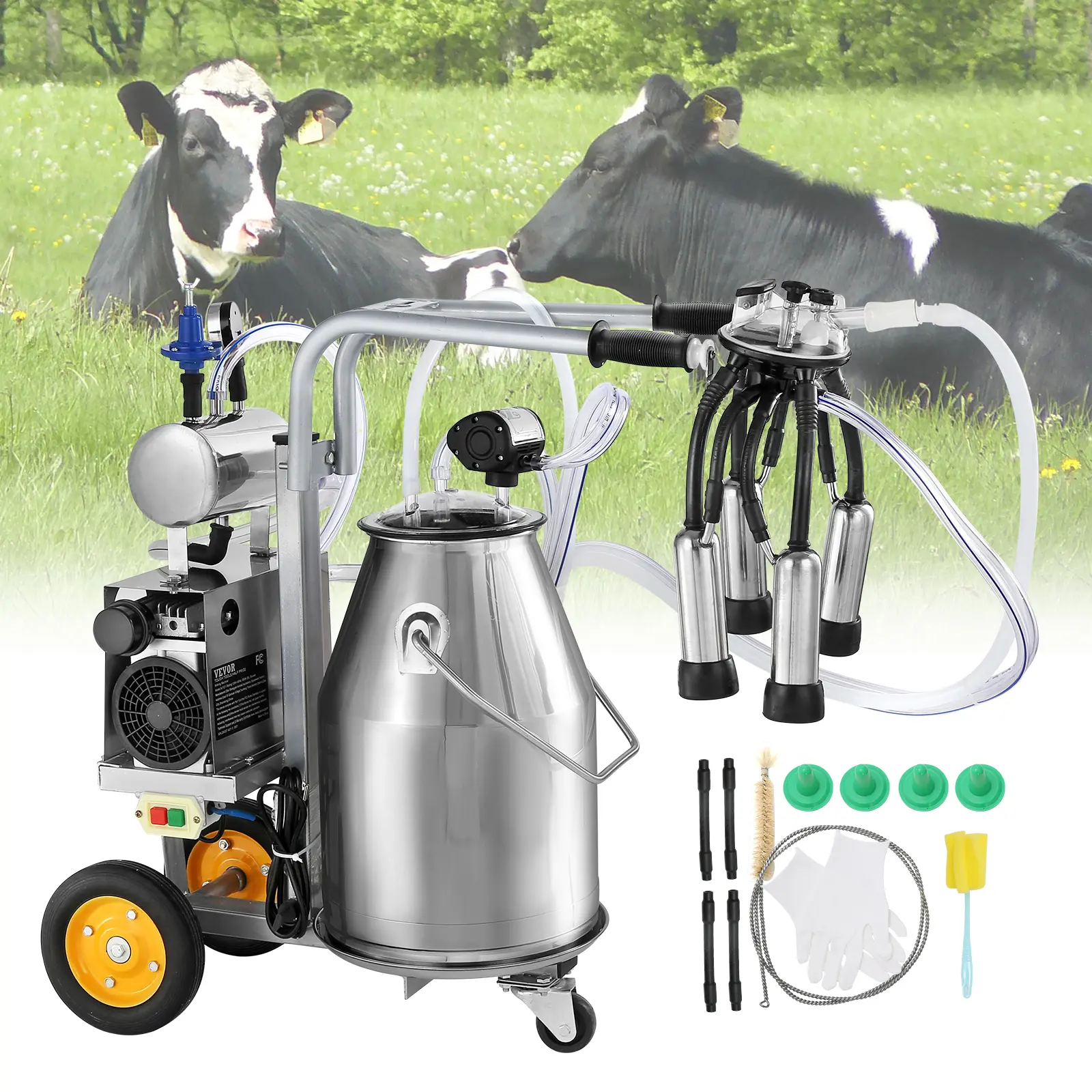 【fathersdaygift】VEVOR Electric Cow Milking Machine 6.6 Gal / 25 L 304 Stainless Steel BucketAutomatic Pulsation Vacuum MilkerPortable Milker with Food-grade Silicone Cups and TubesAdjustable Pressure, Milk Production,campingessentials,outdoorfurnitureset,