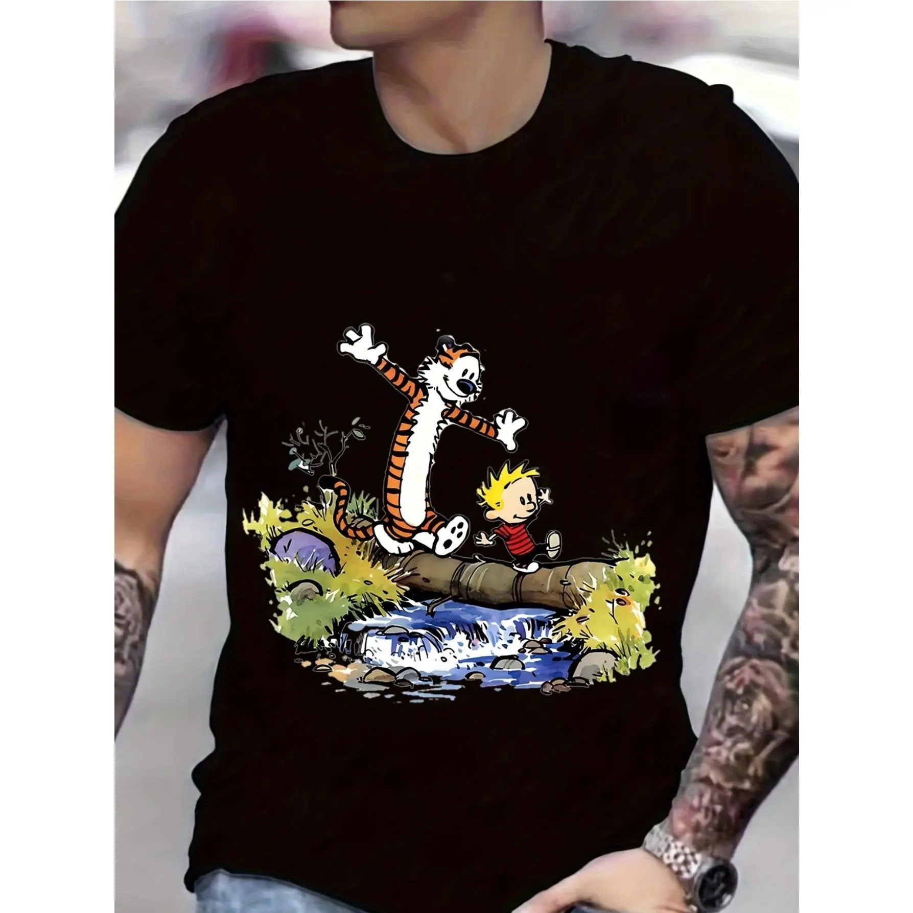 Men's Graphic Print T-Shirt in 100% Cotton, Regular Fit Short Sleeve Crew Neck Casual Knit Top for All Seasons, Garment, Shortsleeve, Fabric, Knit Fabric, Round