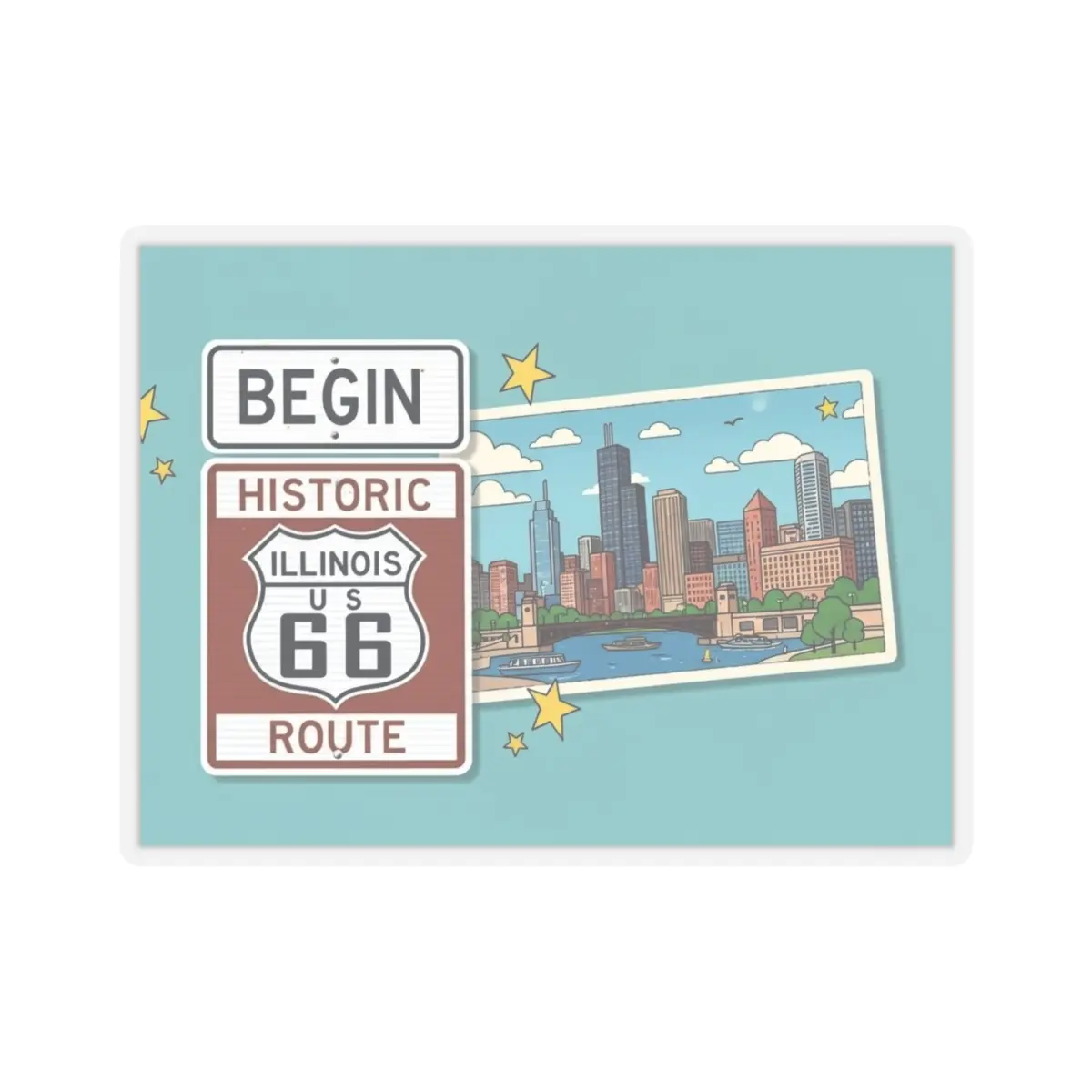 Vintage Illinois Route 66 Chicago IL Kiss-Cut Scrapbooking Stickers - Adults, 4 Sizes, Eco-Friendly Inks, Smooth, Abrasion Resistant, Glossy Finish, Vintage Vibe, Laptop/Car Decor, Birthday Gift Idea