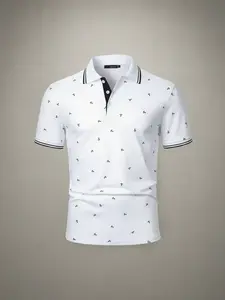 Men's Anchor Print Knit Polo Shirt, Regular Fit Casual Short Sleeve Collared Top for Summer, Fashion Men's Clothes for Daily Wear, Fitted