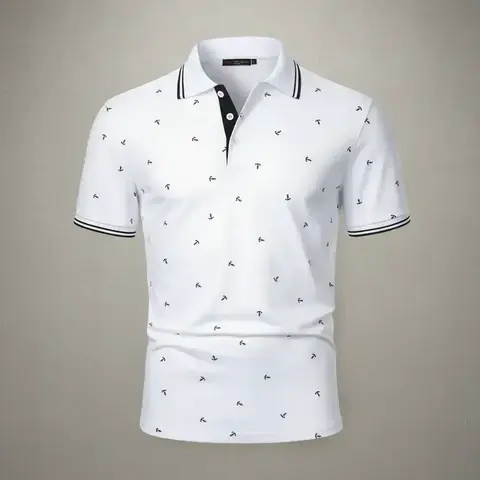 Men's Anchor Print Polo Shirt, Knit Regular Fit Casual Design Short Sleeve Collared Top Printed Polo Top for Summer, Fashion Men's Clothes for Daily Wear, Knitted Polo Shirt