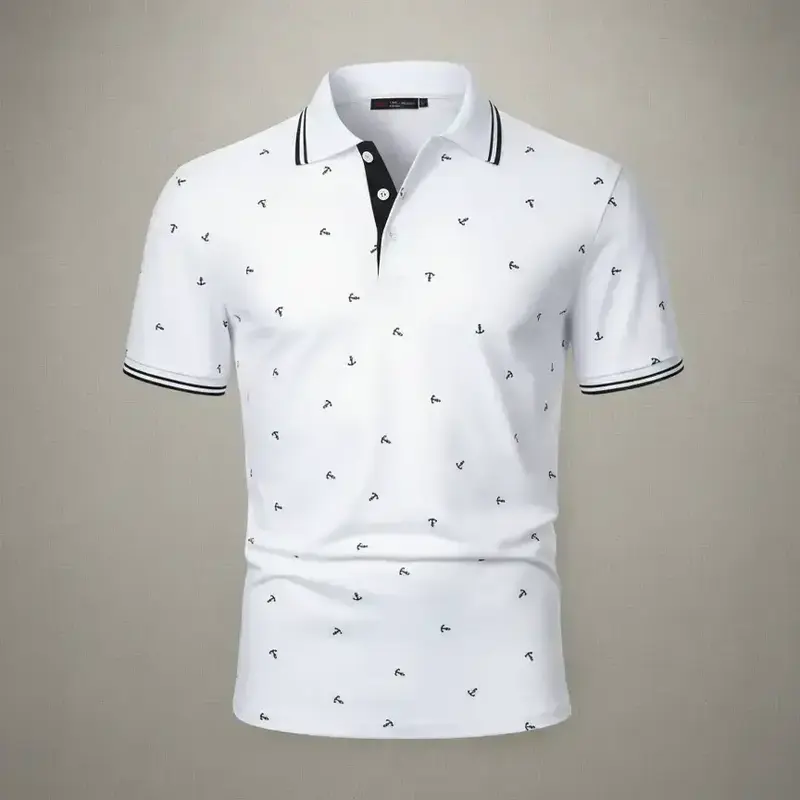 Men's Anchor Print Polo Shirt, Knit Regular Fit Casual Design Short Sleeve Collared Top Printed Polo Top for Summer, Fashion Men's Clothes for Daily Wear, Knitted Polo Shirt
