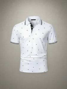 men's anchor print shortsleeve polo shirt, regular fit casual short sleeve collared top for summer, fashion men's clothes for daily wear, polo shirt set, menswear, casual golf polo