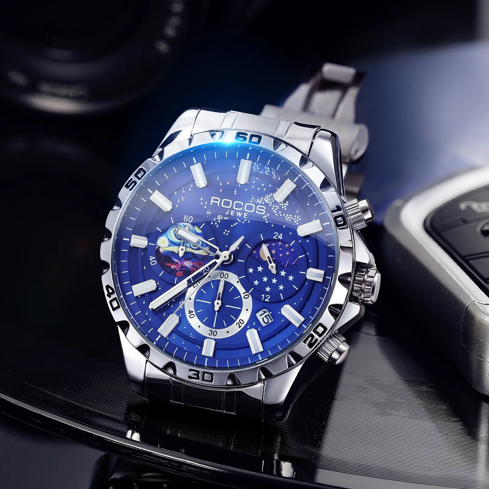 ROCOS 2025 New Sun and Moon Star Series 42mm Men's Quartz Watch - Analog Round Dial, Moon Phase Caliber, Steel Strap, 3-Eye Dial, Luminous, Waterproof, Genuine Multifunctional Blue Fashion Watch, Three-Eye Dial