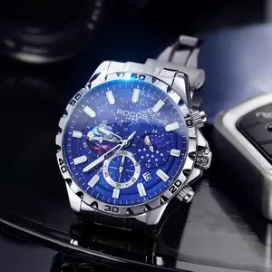 ROCOS 2025 New Sun and Moon Star Series 42mm Men's Quartz Watch - Analog Round Dial, Moon Phase Caliber, Steel Strap, 3-Eye Dial, Luminous, Waterproof, Genuine Multifunctional Blue Fashion Watch, Three-Eye Dial