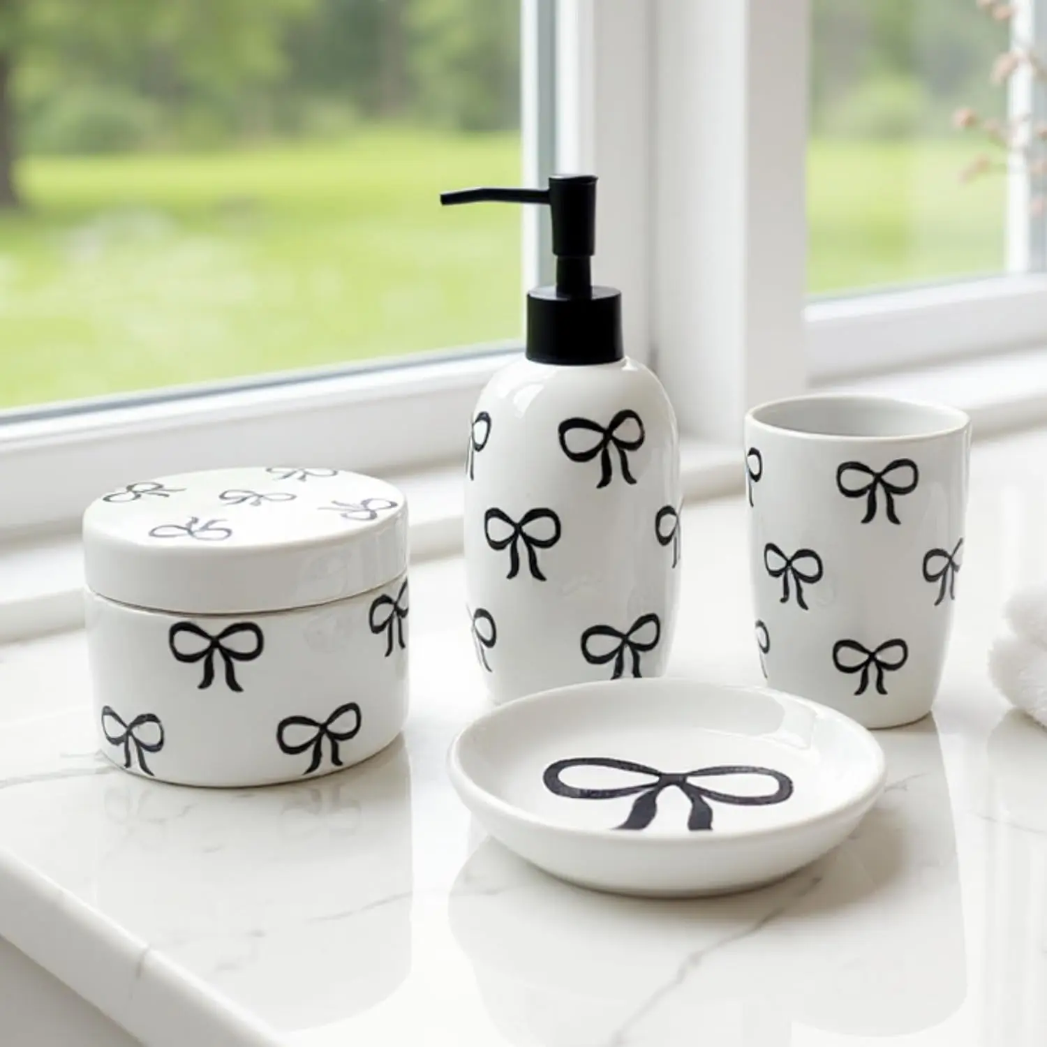 Pink Bathroom Set, 4 Pcs Ceramic Bathroom Accessory Sets - Soap Dispenser, Tumbler Toothbrush Holder, Vanity Soap Tray, Cotton Swab Jars - Pink Bathroom Decor Gift for Her (Black)
