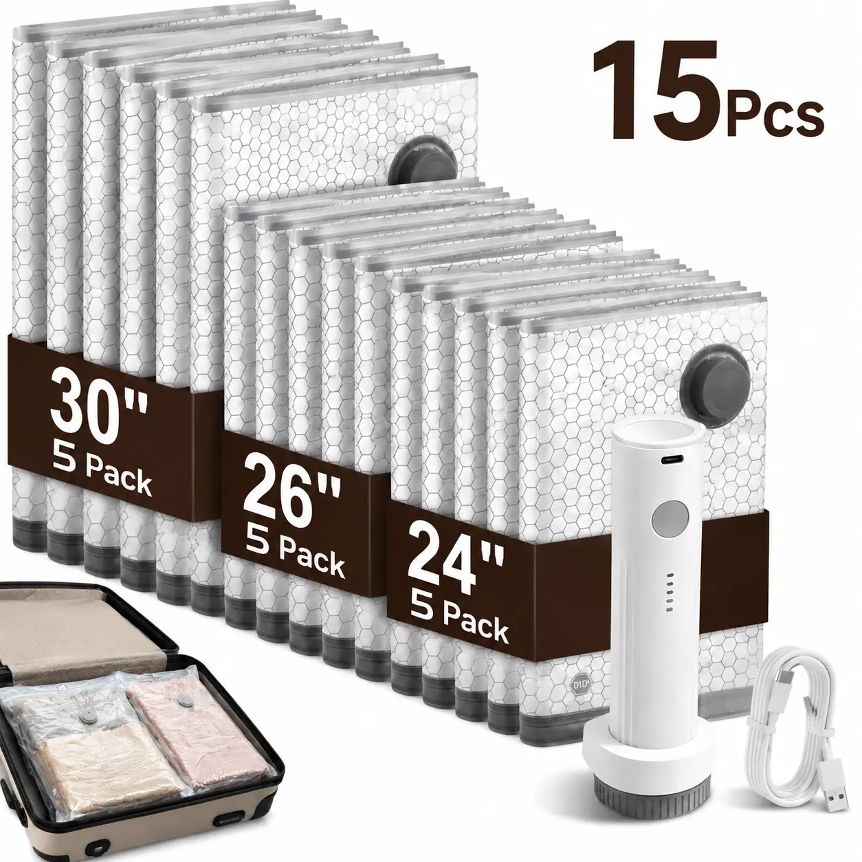 Cordless Travel Vacuum Storage Compression Bag Set - 15-Pack 3 Sizes - USB Rechargeable Handheld Pump with Built-In Battery - Sturdy Lightweight Home Organizer for Bathroom Clothes Storage Solution