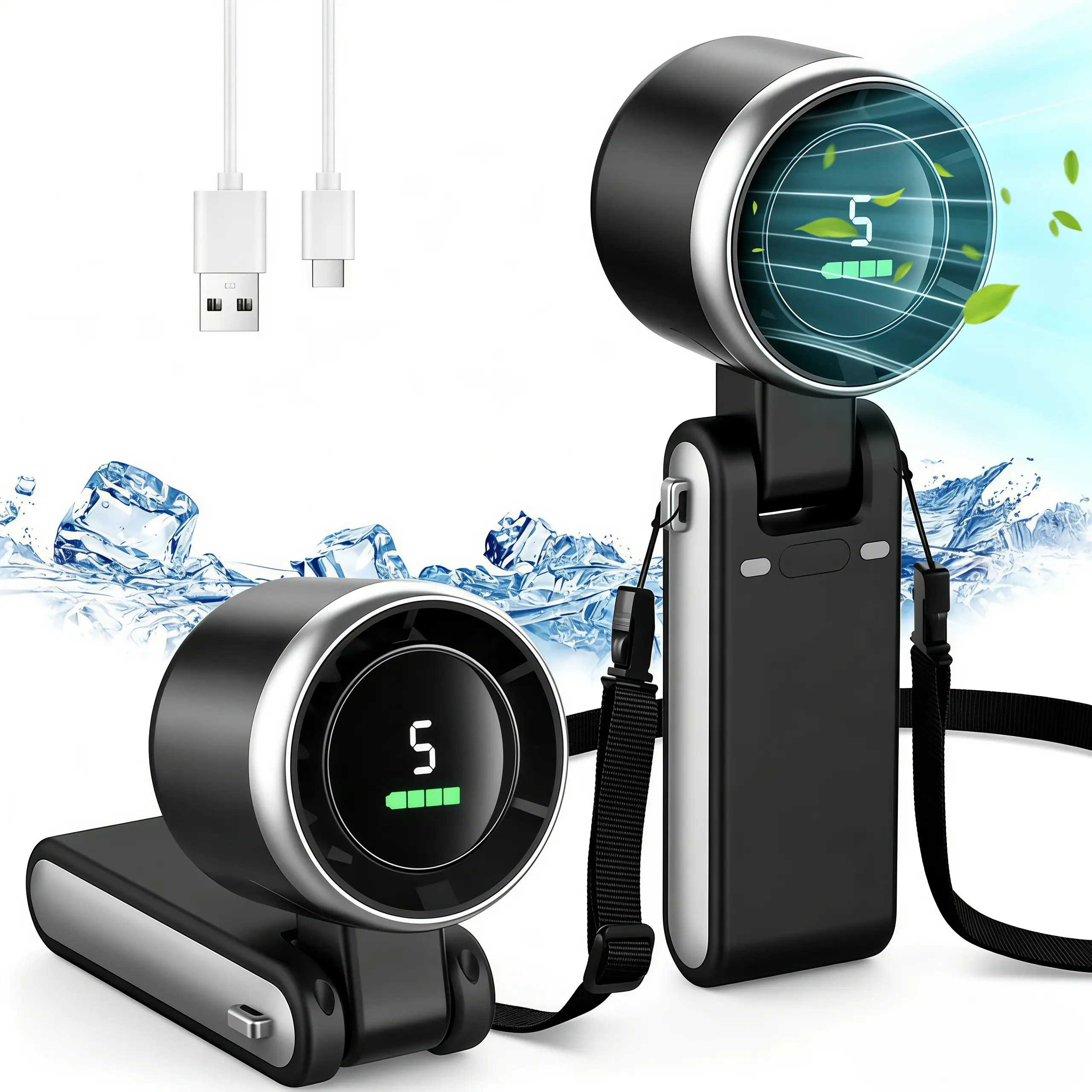 LMMAKE 1PC Turbo Mini Portable Strong Airflow Fan - USB-Powered Rechargeable, 800mAh Battery, LED Display & Light, 180° Collapsible, 5-Speed, 3-in-1 Wind Design, Student Fan for Outdoor Activities, Beat the Heat Household Appliance