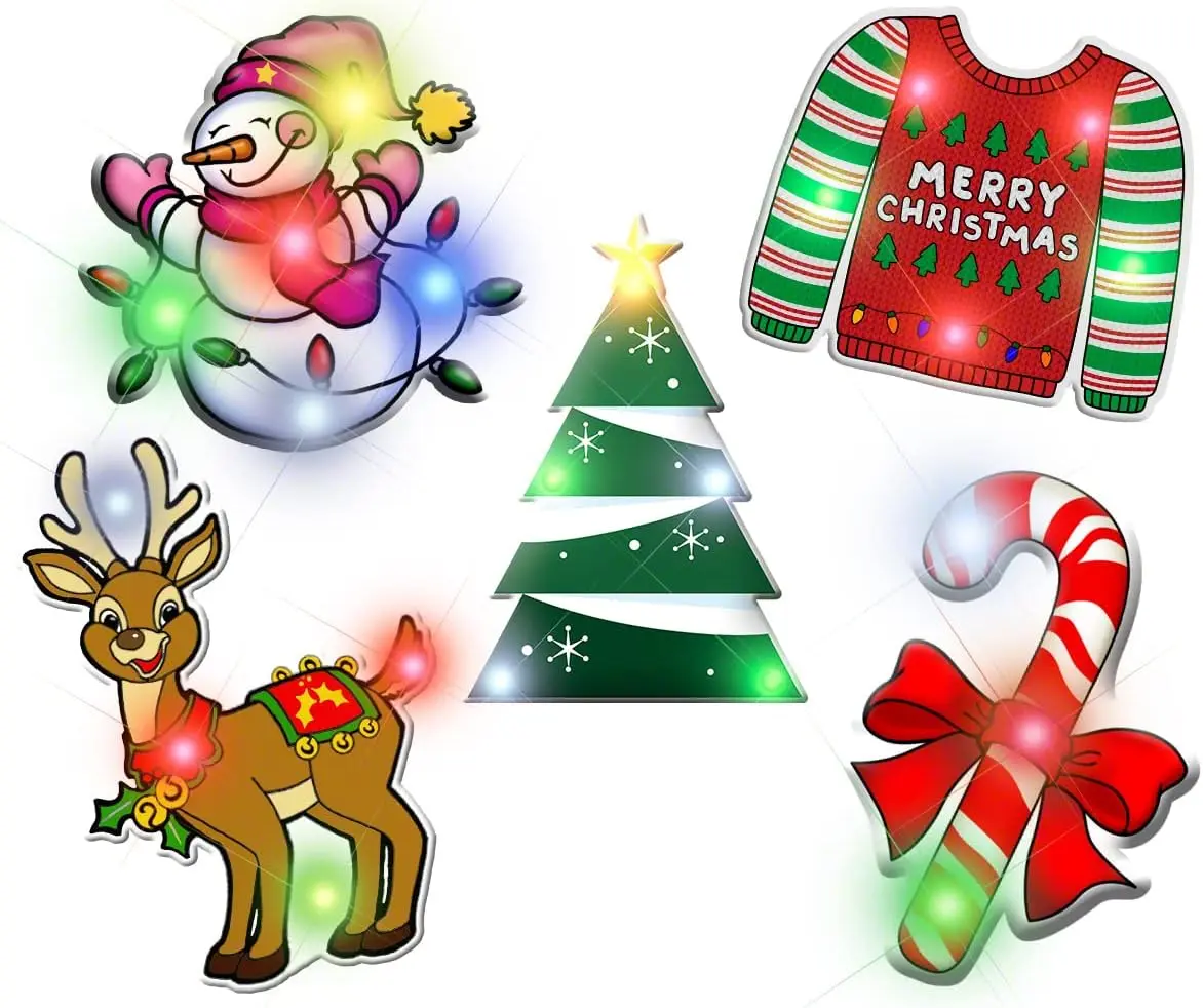FlashingBlinkyLights Assorted Christmas Light Up LED Lapel Pins (Set of 5) Snowman, Sweater, Christmas Tree, Reindeer, Candy Cane