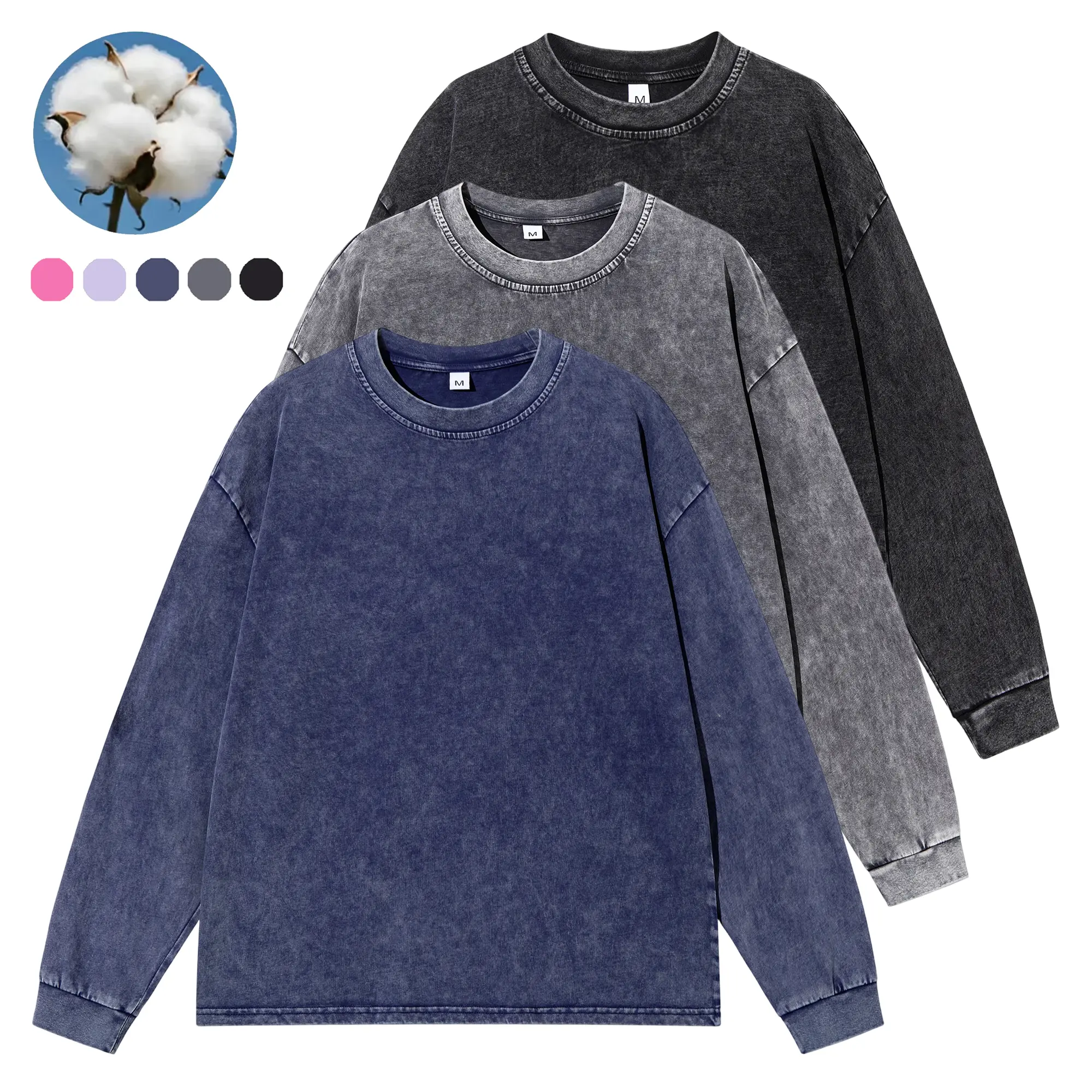 EKF men’s pure cotton washed distressed crew neck long-sleeve T-shirt—versatile vintage style for home and commuting, ideal for everyday wear in spring and autumn.