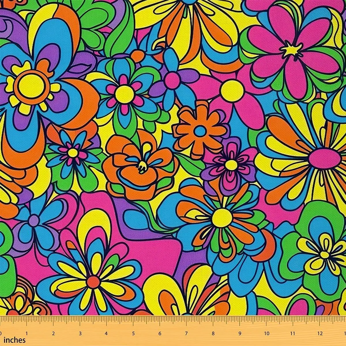 Retro Hippie Flower Fabric 60s 70s Groovy Decorative Soft Flannel Cartoon Vintage Boho Plant Floral Botanical Upholstery Chairs Yellow Blue Fabric