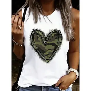 Women's summer casual loose camouflage heart-shaped printed vest, women's top, soft and comfortable home wear, essential for daily use, suitable for warm weather, camouflage vestRAIMENTRY