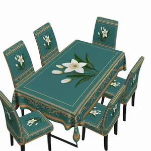 Emerald Green Lily Tablecloth with Dining Chair Covers Set (5pcs/7pcs) Gold Border Vintage Elegant Floral Kitchen Dining Room Table Decor Chair Slipcovers, Dining Chair Protector