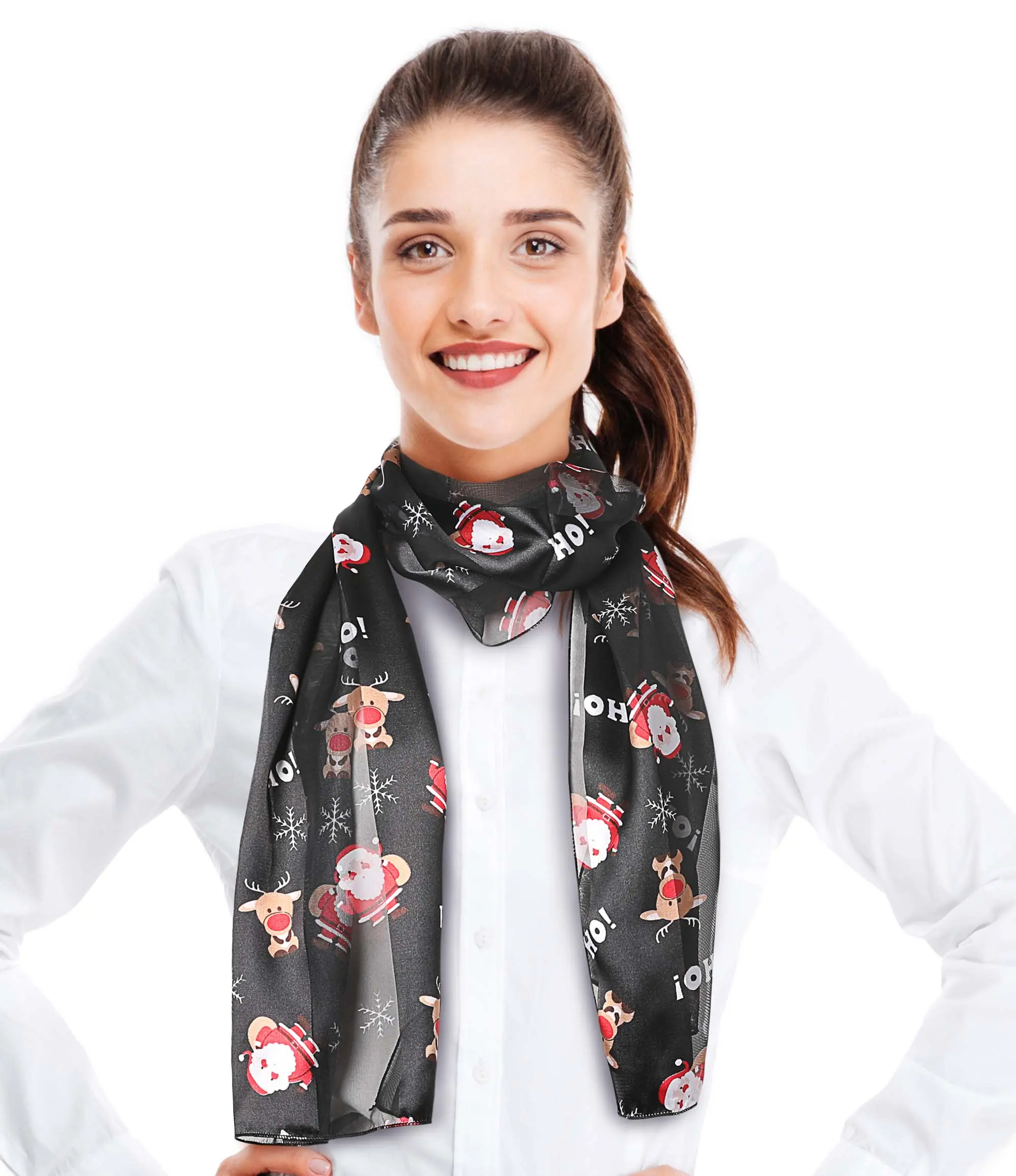 CBC Crown Women's Lightweight Silk-Feel Polyester Christmas Scarf - Black, HoHo Santa Print, Festive Holiday Fashion Accessory, Female
