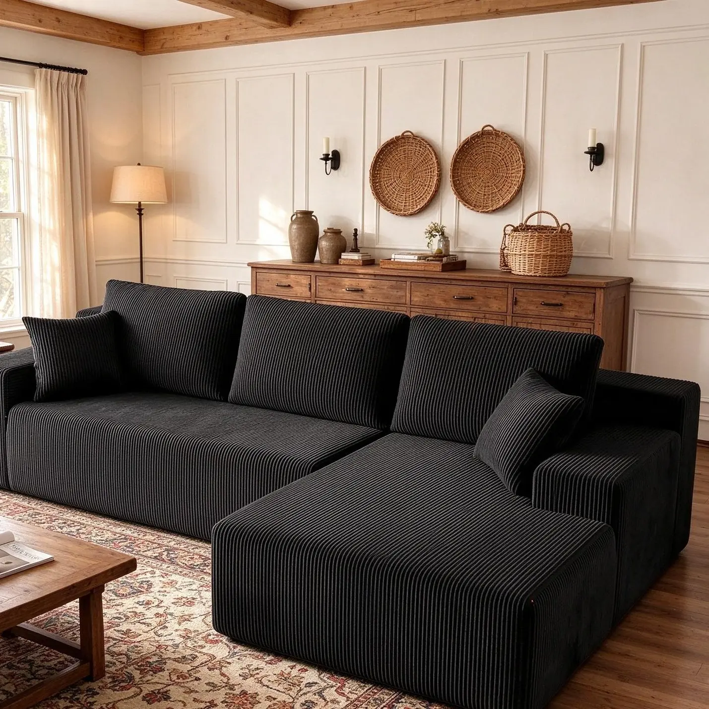 Large Comfortable Cloud Sectional Boneless Couches for Living Room, Modular L Shaped Couch with Deep Seat Oversized Right Facing Chaise, Memory Foam Compressed Spineless 3 Seater Sofa for Apartment, Black