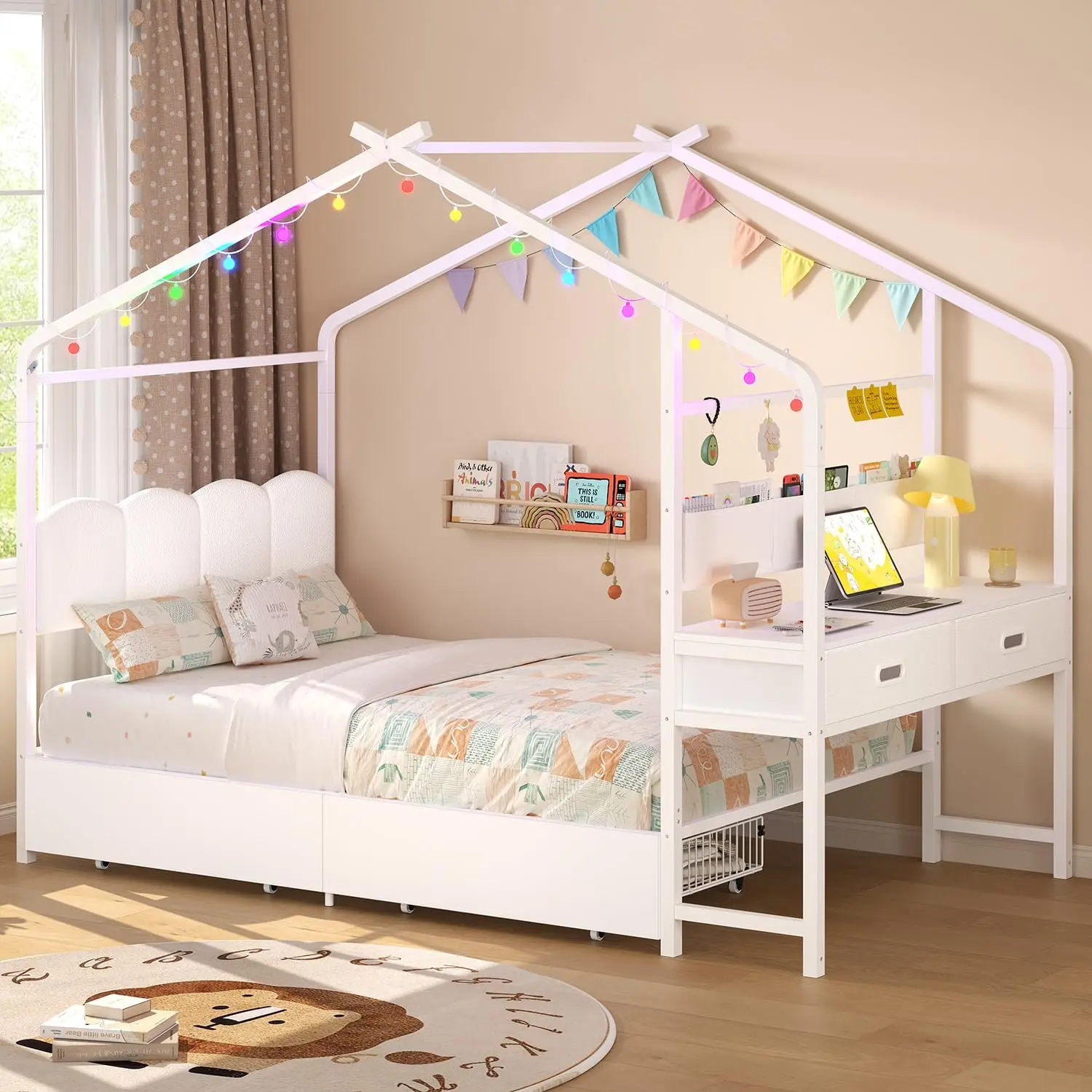 ADORNEVE Twin Kids Bed with 4 Storage Drawers and Side Desk All-In-One Kids Bed