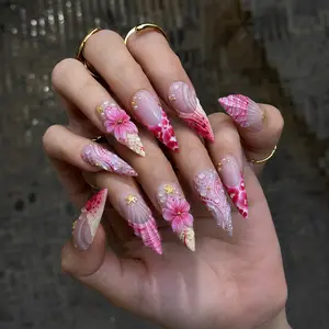 Pink Ocean Mermaid Press On Nails Set – Handmade 10PCS Glossy Gel Acrylic Art Nails,  Shell Flower Salon Design, Reusable Stiletto Press On Nails with Cute Nail Box, Trendy Birthday Gift For Her Party Wearr