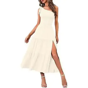 Women's Summer One Shoulder Sleeveless Knot Smocked Midi Dress Split Tiered Flowy Dresses