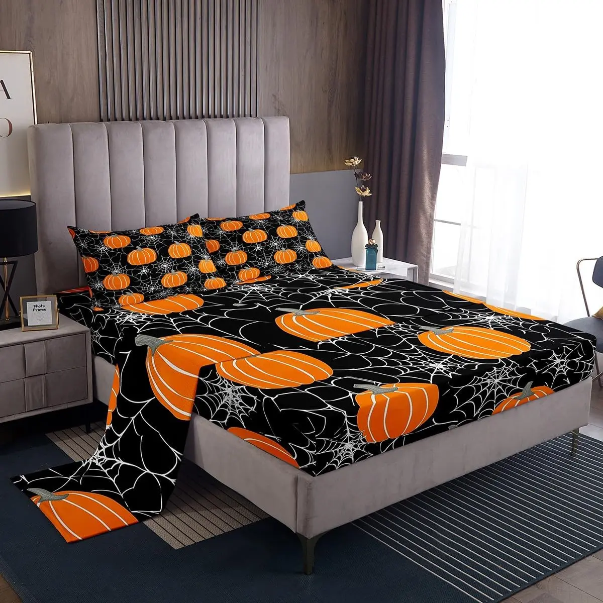 Feelyou Halloween Fitted Bed Sheets Set - Multi-Size Sets (Full, King), Microfiber Bedding with Pumpkin Cobwebs Print, Breathable Soft Lightweight Kids’ Rooms Decor, Machine Washable