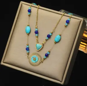 N303- Blue Stone Beaded Turquoise Gold Necklace 2 Pieces!