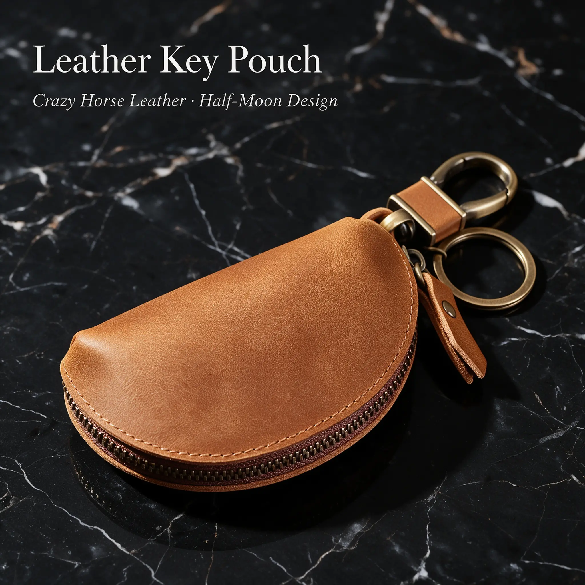 Genuine Crazy Horse Leather Key Pouch - Vintage Half-Moon Key Holder Wallet with Zipper, Brass Snap Hook & Key Ring, Compact Car Key Fob Case Coin Purse for Men Women, Bag Charm