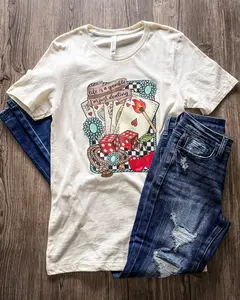Women's Soft Fabric Short-Sleeve Casual "Life is A Gamble" Graphic T-Shirt, Single Piece, Natural Color