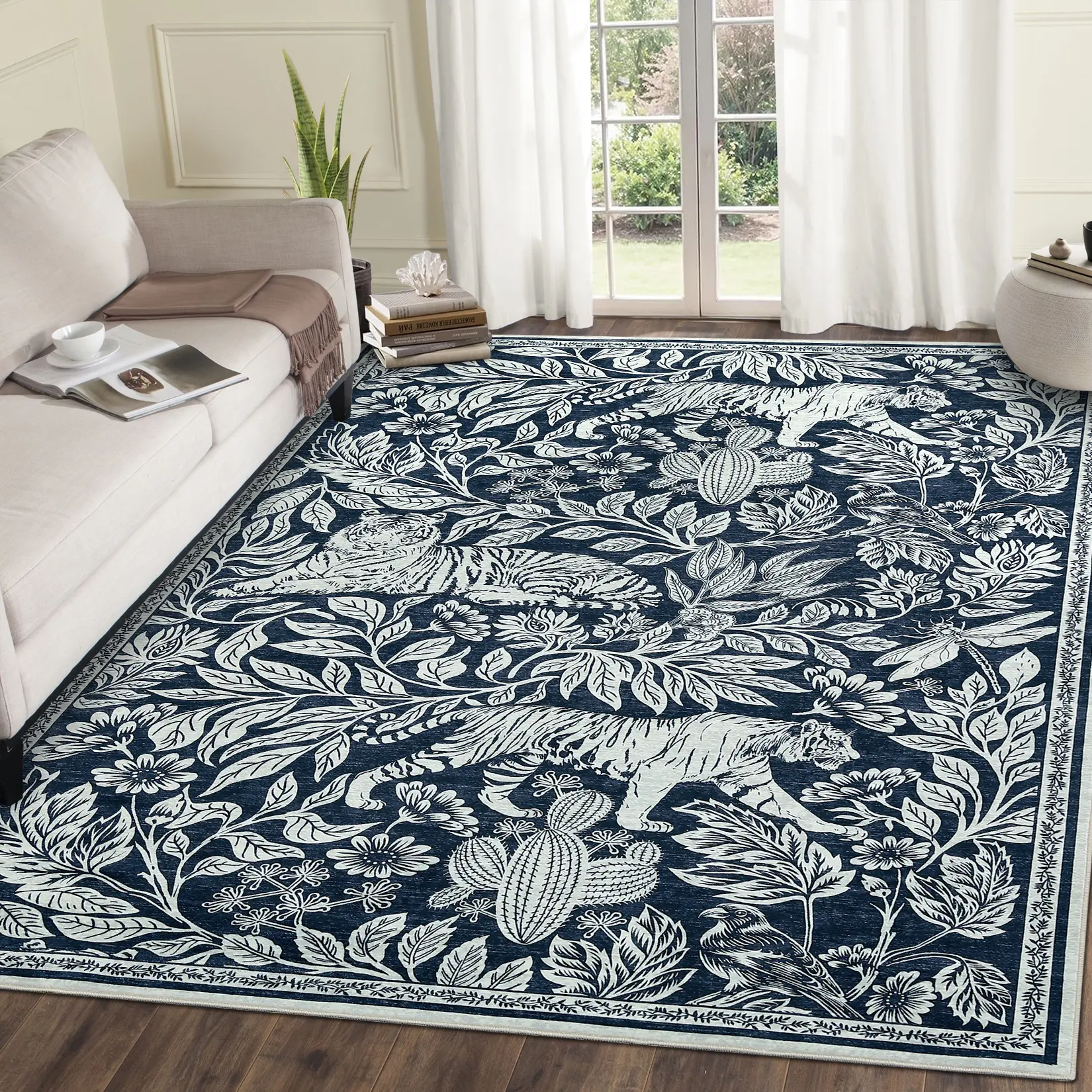 Tiger Print Rug Large Size Washable Carpet Soft Non-Slip Thin Rug Foldable Vintage Indoor Carpet for Bedroom Living Room Office Home Decor