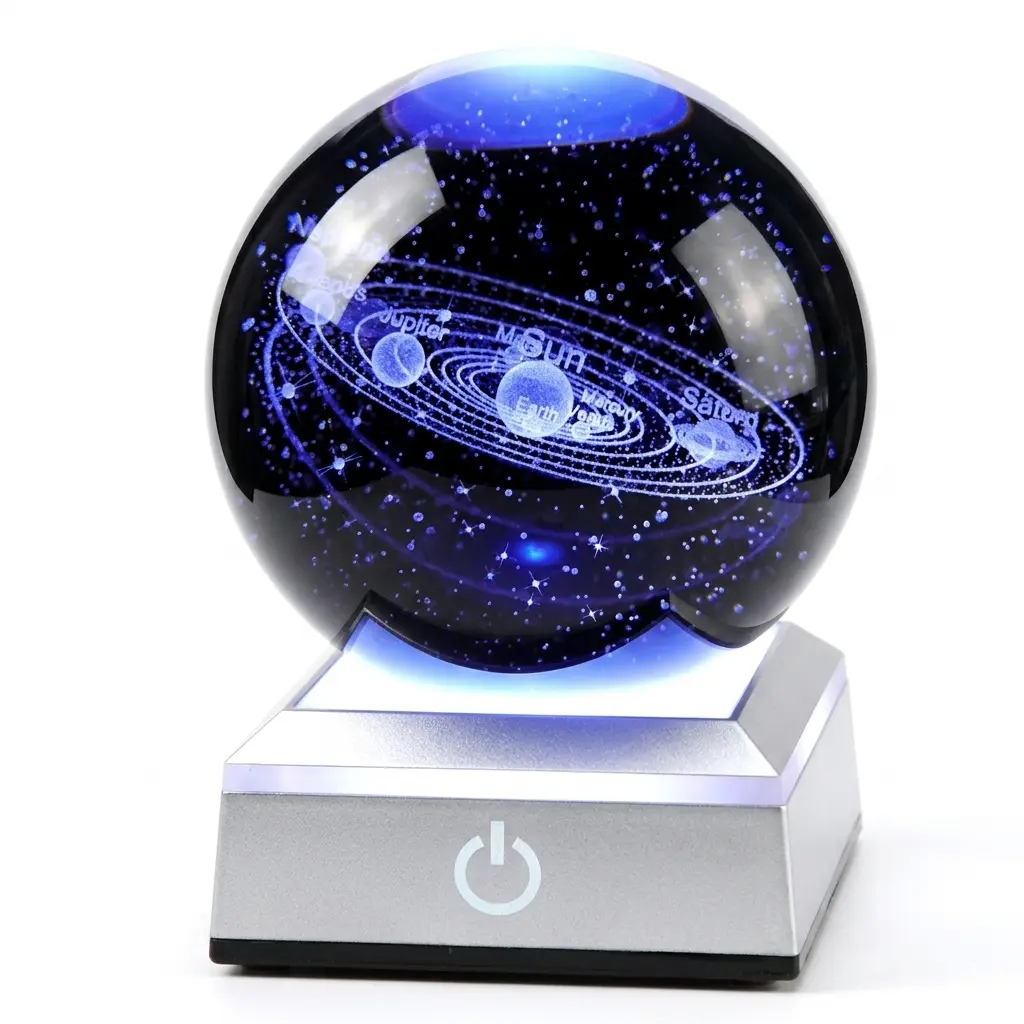 3D Inner Engraved Solar System Crystal Ball Table Lamp with Crystals (Saturn, Jupiter, Earth), Starry Sky LED Ambient Ornament, Eye-Friendly Bedroom Bedside Sleep Night Light, Creative Christmas Gift for Teens, Galaxy Night Light, Bedroom Led Lights