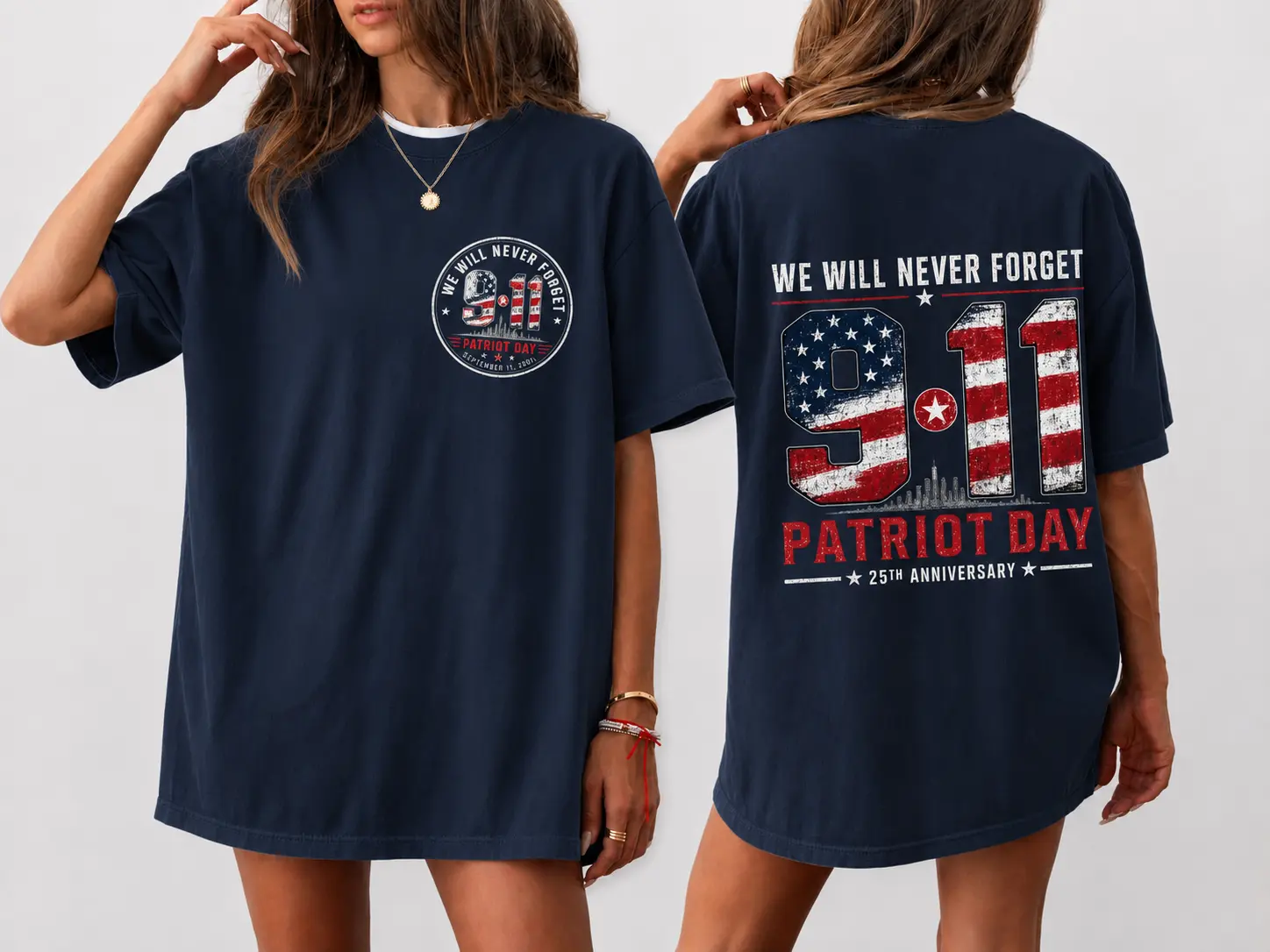 9/11 Patriot Day 25th Anniversary Shirt, We Will Never Forget Memorial Tee, September 11 Remembrance, Front Back Print USA Tribute, Gift For Women