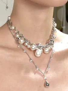 Cross-Border Pearl Necklace, Dual Layer Stackable Pendant Chain, Original Design Water Drop Style, Elegant Lockbone Jewelry for Women, Dainty Necklace