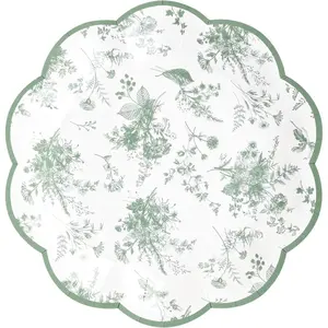 24 count Sage Green Floral Party Plates  Floral Leaf Disposable Paper Plates Wildflower Toile 7" Scalloped Rim Dessert Plate for Christmas Birthday Bridal  Party Supplies