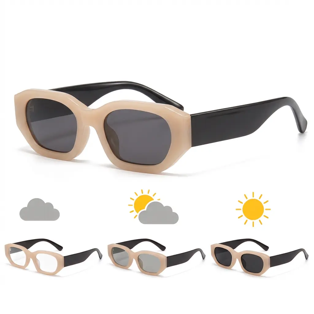 Women's Photochromic Sunglasses - 90s Retro Old Money Style Full Rim Thick-Frame Acetate Shades, Polarized Rectangle Lenses, Female Face-Slimming Eyewear for Driving, Morning Commutes, Graduation Gifts
