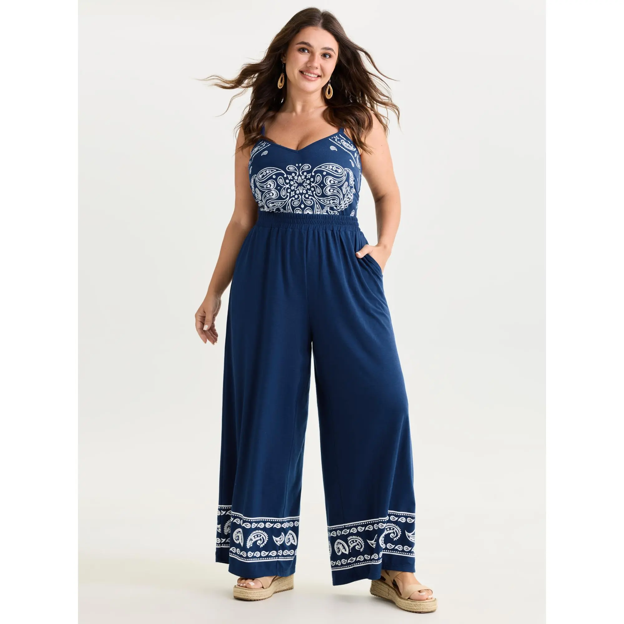 BloomChic Plus Size Pants in a Boho Paisley Print, High Rise Fitted Polyester Blend Fabric with Side Pockets, Gentle Machine, Bottom Pants, Bohemian Look, Spandex, Garment, Women, Boho Fashion Trousers, Casual Fashion Trousers, Clothes, Plus Size Clothes,