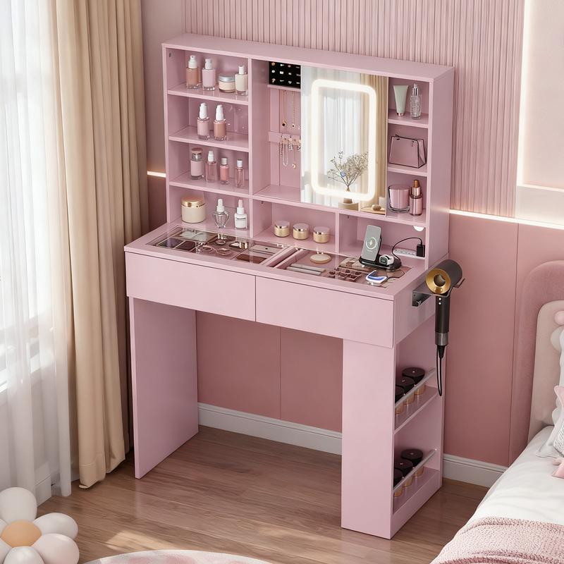 Ktaxon Vanity Table with RGB Lights & 3-Tone Dimmable Bulbs - Glass Top Dresser with 3 Drawers, 2 Glass Doors & 2 Side Shelves | Built-in Power Strip, Hair Dryer Holder Ktaxon Vanity Table with RGB Lights & 3-Tone Dimmable Bulbs - Glass Top Dresser with 3 Drawers, 2 Glass Doors & 2 Side Shelves | Built-in Power Strip, Hair Dryer Holder