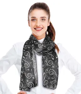 CBC Crown Treble Clef Print Silk Feeling Music Theme Scarf - Black