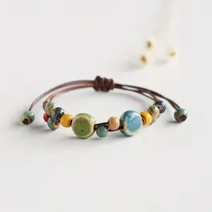 1pc Vintage Bohemian Colorful Ceramic Beaded Bracelet, Handmade Adjustable Length Women'S Bracelet, Suitable for Daily Wear, Travel, Vacation, Party, Festival Celebration, Gift for Relatives and Friends