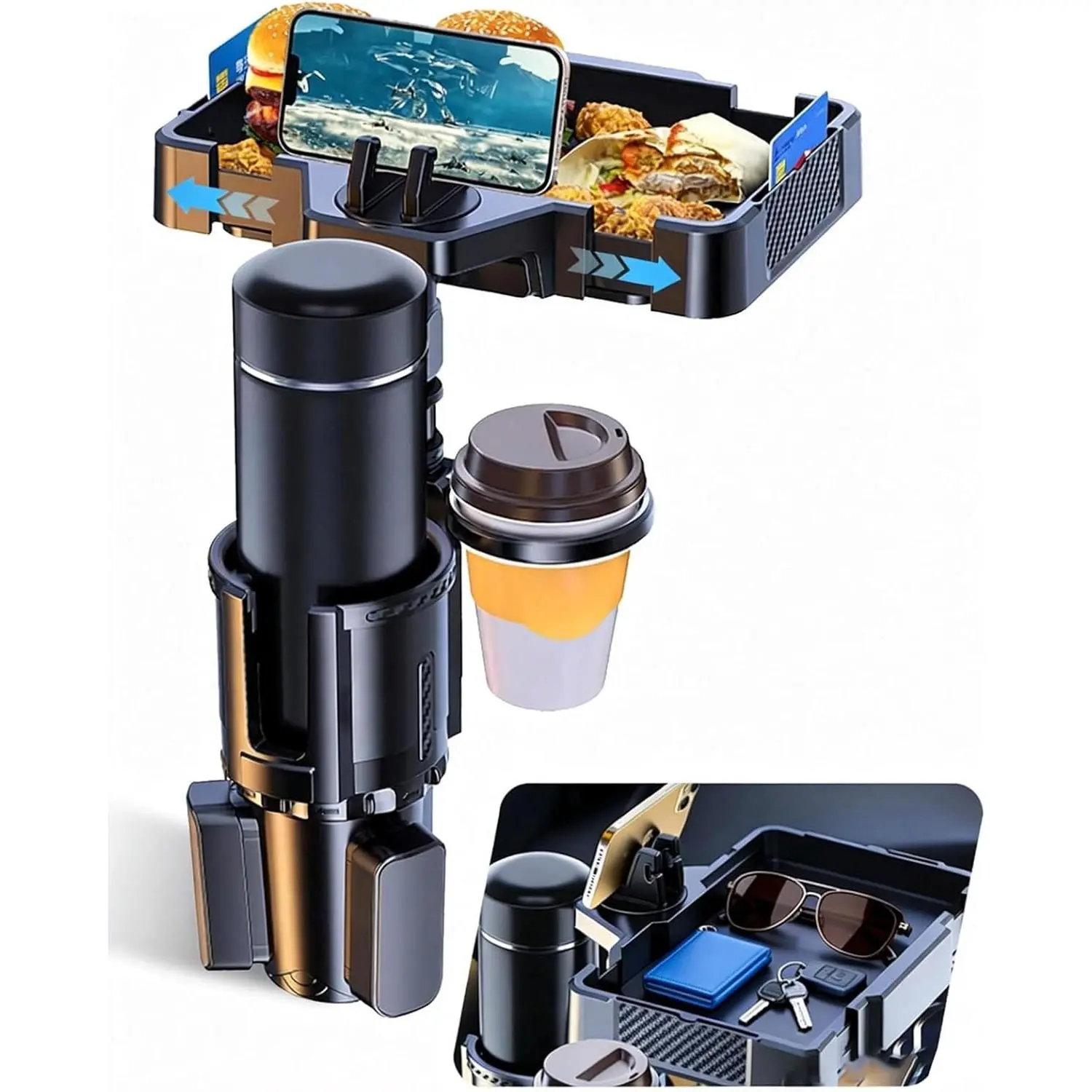 Car Cup Holder Tray, 10 Inch 4-in-1 Cup Holder Tray, 360 °   Rotating Drink Holder Expander with Detachable Food Tray & Phone Holder, Road Trip Essentials