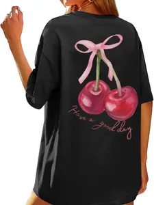 Graphic Tees for Women Trendy Cherry Printed Shirt Cute Summer Aesthetic Cotton Tshirts Tops for Teens