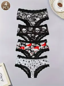 Women's Gothic Rose Skull Print Underwear Set, Breathable Comfortable Design, Perfect for Daily Wear, Halloween Gift Idea, Printed Panties